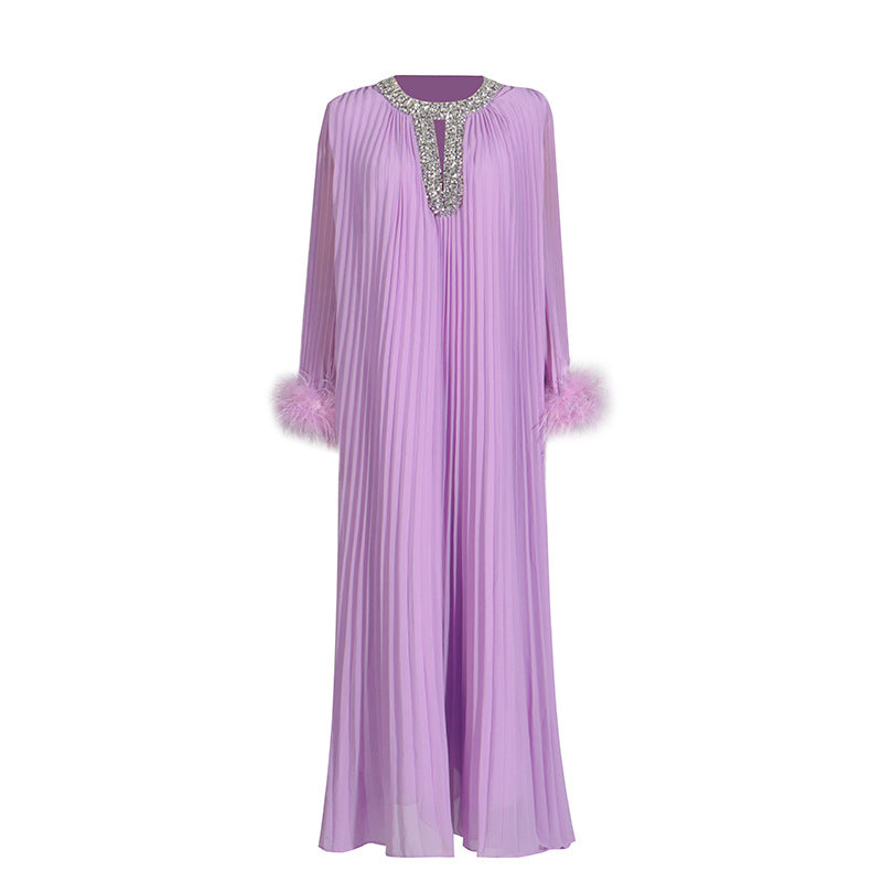 Woochic robe à plumes col rond strass plissée couture violet S