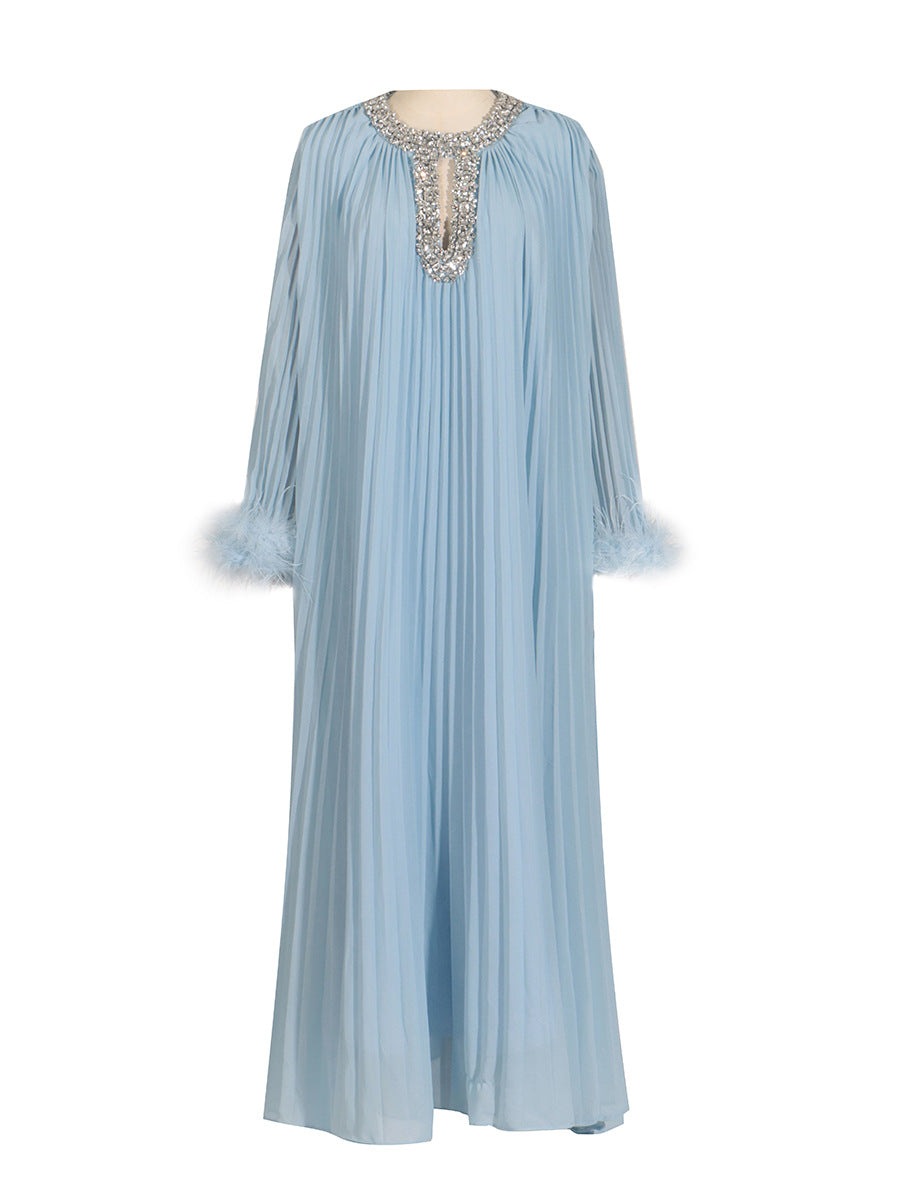 Woochic robe à plumes col rond strass plissée couture bleu S