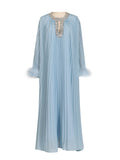 Woochic robe à plumes col rond strass plissée couture bleu S