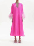 Woochic robe à plumes col rond strass plissée couture