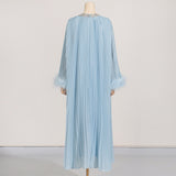 Woochic robe à plumes col rond strass plissée couture