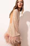 Woochic robe à plumes dos nu paillettes scintillants manches évasées