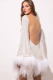 Woochic robe à plumes dos nu paillettes scintillants manches évasées