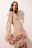 Woochic robe à plumes dos nu paillettes scintillants manches évasées rose S