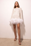 Woochic robe à plumes dos nu paillettes scintillants manches évasées