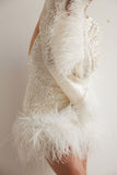 Woochic robe à plumes dos nu paillettes scintillants manches évasées