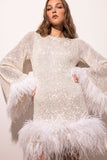 Woochic robe à plumes dos nu paillettes scintillants manches évasées