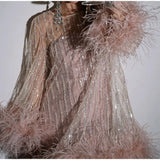 Woochic robe à plumes paillettes scintillants manches évasées , Rose