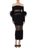 Woochic robe à plumes tricotée col bateau tulle dos nu