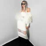 Woochic robe à plumes tricotée col bateau tulle dos nu