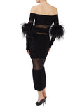 Woochic robe à plumes tricotée col bateau tulle dos nu
