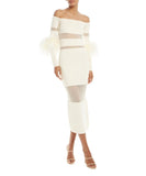 Woochic robe à plumes tricotée col bateau tulle dos nu