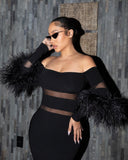 Woochic robe à plumes tricotée col bateau tulle dos nu