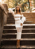 Woochic robe à plumes tricotée col bateau tulle dos nu blanc XS