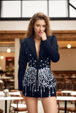 Woochic robe blazer col en V cintrée strass, design noir S