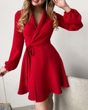 Woochic robe blazer col en V imprimée manches lanternes ourlet ceinture rouge S