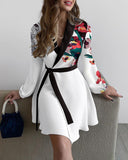 Woochic robe blazer col en V imprimée manches lanternes ourlet ceinture blanc S