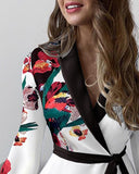 Woochic robe blazer col en V imprimée manches lanternes ourlet ceinture