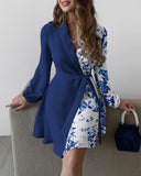 Woochic robe blazer col en V imprimée manches lanternes ourlet ceinture bleu foncé S