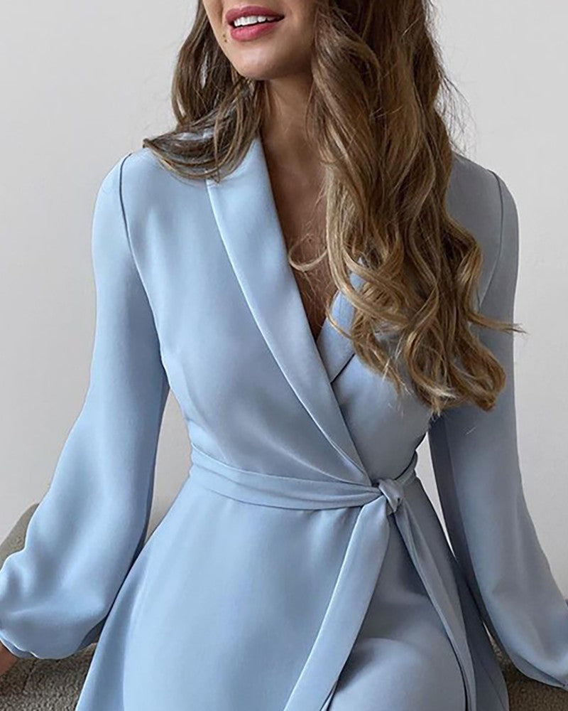 Woochic robe blazer col en V imprimée manches lanternes ourlet ceinture