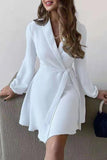 Woochic robe blazer col en V imprimée manches lanternes ourlet ceinture blanc 1 S