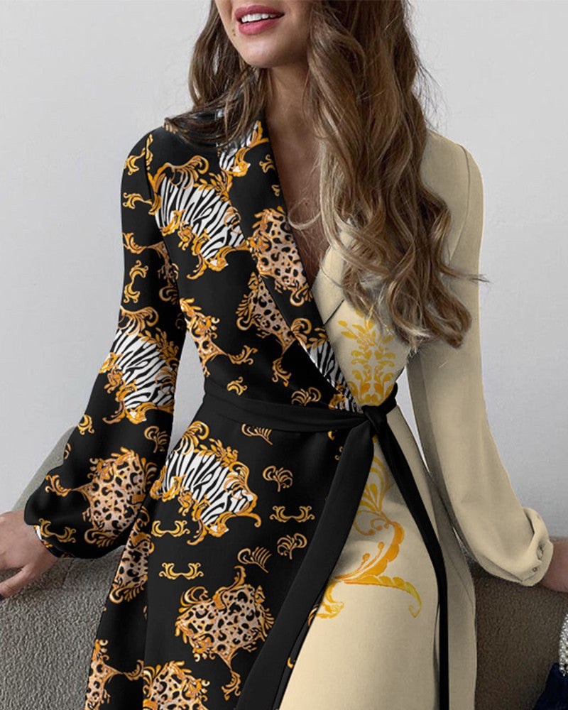 Woochic robe blazer col en V imprimée manches lanternes ourlet ceinture