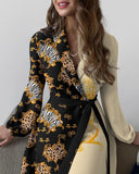 Woochic robe blazer col en V imprimée manches lanternes ourlet ceinture