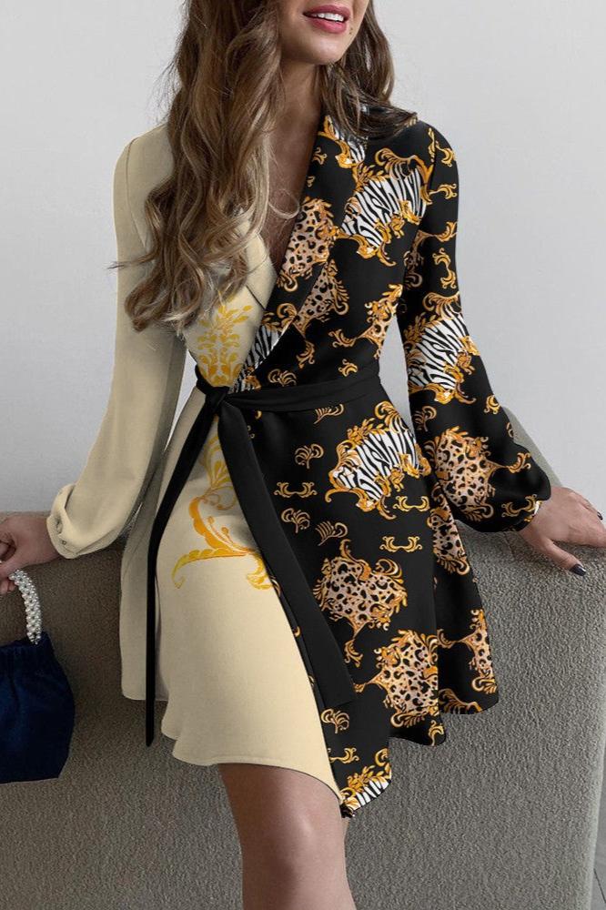 Woochic robe blazer col en V imprimée manches lanternes ourlet ceinture noir S
