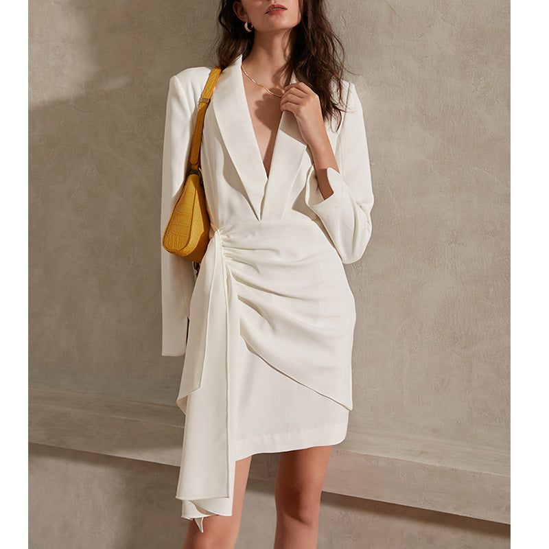 Woochic robe blazer col en V profonde taille haute couture