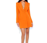Woochic robe blazer col en V strass franges fendue irrégulière orange XS
