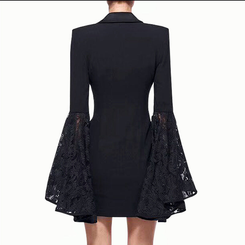 Woochic robe blazer courte dentelle manches évasées couture