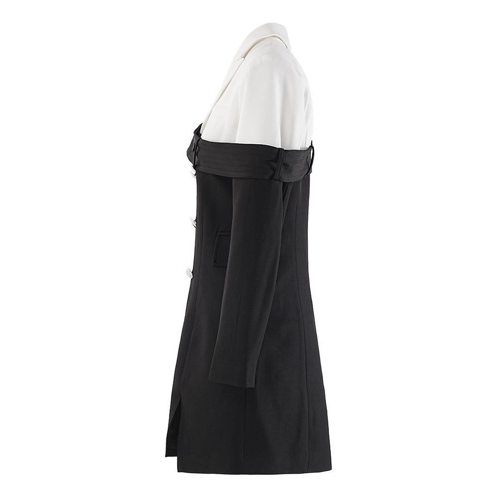 Woochic robe blazer croisée contrastée noir et blanc taille haute fente