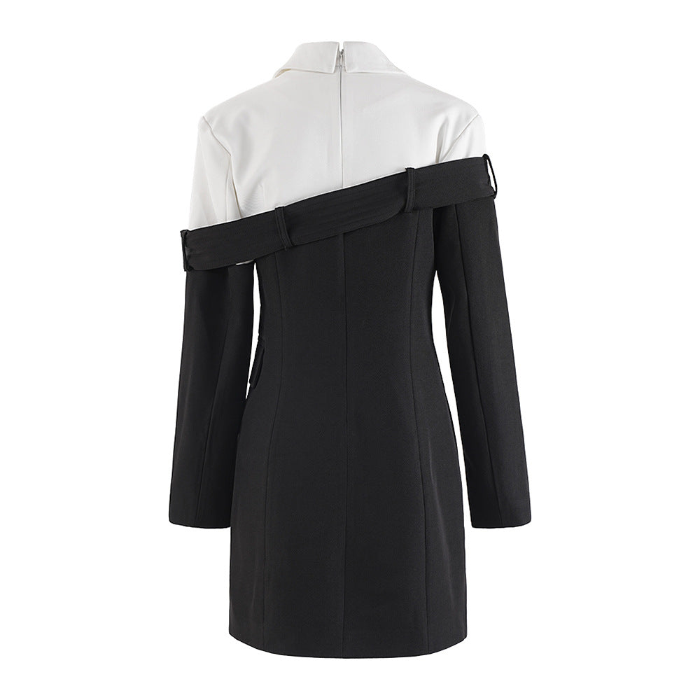 Woochic robe blazer croisée contrastée noir et blanc taille haute fente