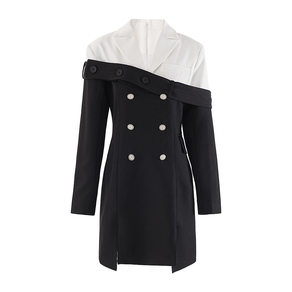 Woochic robe blazer croisée contrastée noir et blanc taille haute fente