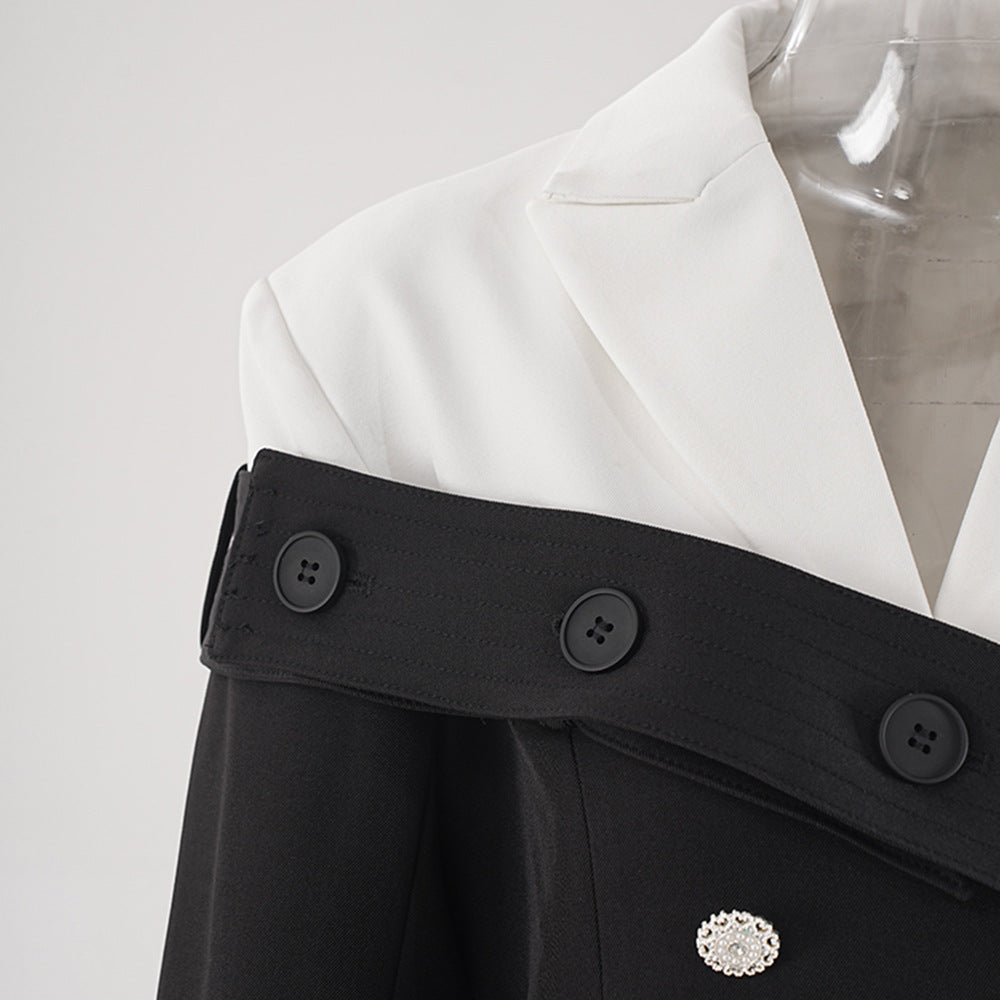 Woochic robe blazer croisée contrastée noir et blanc taille haute fente