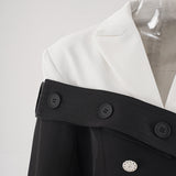 Woochic robe blazer croisée contrastée noir et blanc taille haute fente