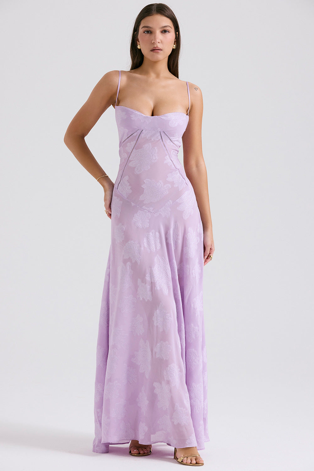 Woochic robe cocktail à bretelles dentelle épaules dénudée cintée plissée violet 1 S