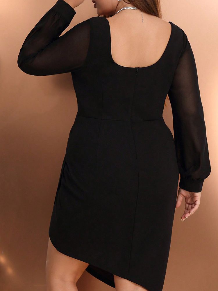 Woochic robe cocktail à irrégulière et col en V grande taille ,noir