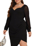 Woochic robe cocktail à irrégulière et col en V grande taille ,noir