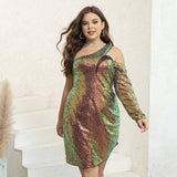 Woochic robe cocktail  à paillettes à une épaule grande taille, soirée Multicolor 1XL