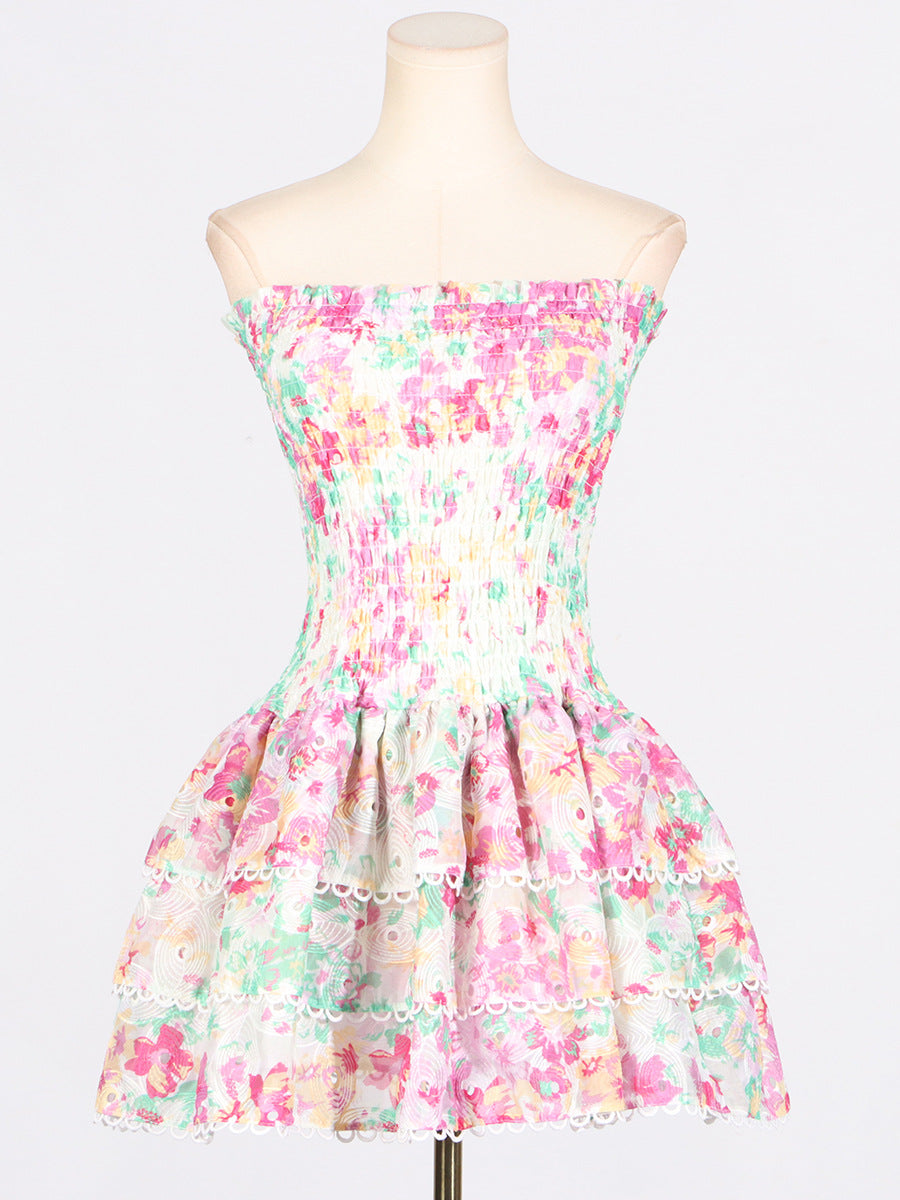 Woochic robe cocktail à volants bustier à imprimé dentelle florale rose1 S