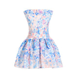 Woochic robe cocktail à volants bustier à imprimé dentelle florale bleu S