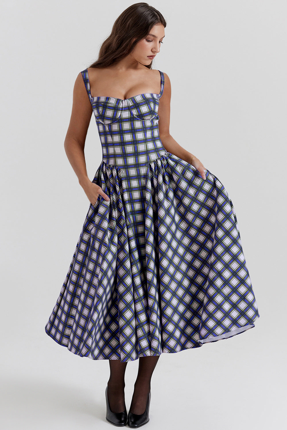 Woochic robe cocktail bretelles le motif à carreaux imprimée florale bleu1 S