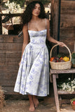 Woochic robe cocktail bretelles le motif à carreaux imprimée florale bleu S