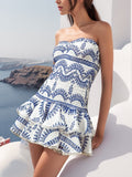 Woochic robe cocktail bustier élastique brodé à volants,courte bleu S