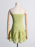Woochic robe cocktail bustier élastique brodé à volants,courte vert S