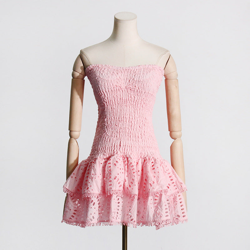 Woochic robe cocktail bustier élastique brodé à volants,courte rose1 S