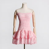 Woochic robe cocktail bustier élastique brodé à volants,courte rose1 S