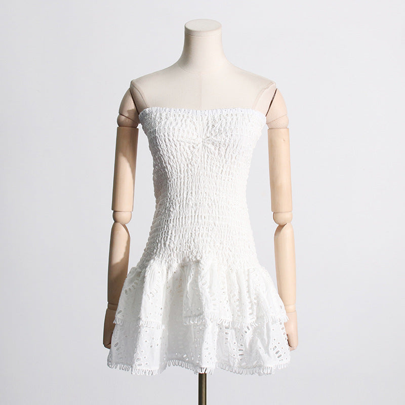 Woochic robe cocktail bustier élastique brodé à volants,courte blanc S