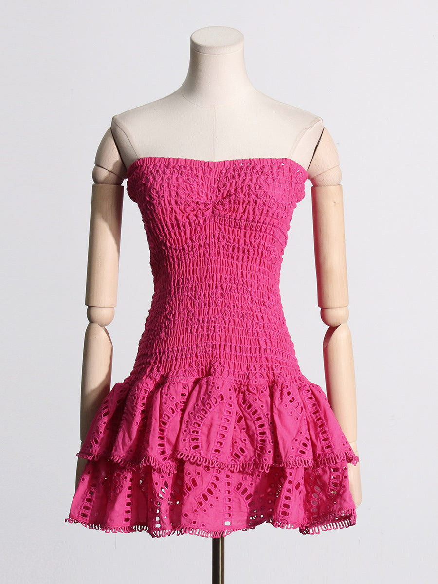 Woochic robe cocktail bustier élastique brodé à volants,courte rose2 S